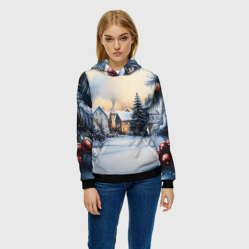 Женская толстовка Зимний снежный двор / 3D-Черный – фото 3