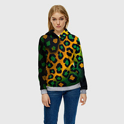 Толстовка-худи женская Зеленые и золотые пятна леопарда, цвет: 3D-меланж — фото 2