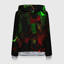 Толстовка-худи женская Красно-зелёные точки и линии на чёрном фоне, цвет: 3D-меланж