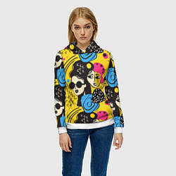 Толстовка-худи женская Яркий паттерн с лицами девушек, цвет: 3D-белый — фото 2