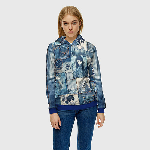 Женская толстовка Персонажи аниме на пэчворк / 3D-Синий – фото 3