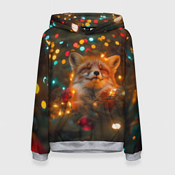 Толстовка-худи женская Рыжая лисица в огоньках, цвет: 3D-меланж