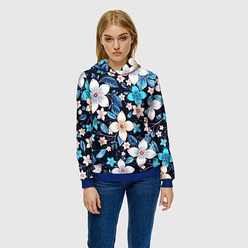 Женская толстовка Сине-белые цветы на чёрном фоне / 3D-Синий – фото 3