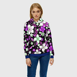 Толстовка-худи женская Фиолетово-белые цветы на чёрном фоне, цвет: 3D-синий — фото 2
