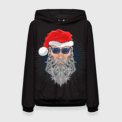 Толстовка-худи женская Дед мороз хипстер в очках, цвет: 3D-черный