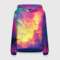 Толстовка-худи женская Розовые облака на синем небе, цвет: 3D-синий