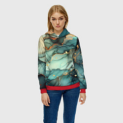 Толстовка-худи женская Бирюзовый узор с оранжевыми вставками, цвет: 3D-красный — фото 2