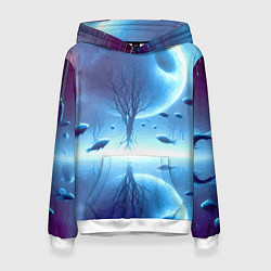 Толстовка-худи женская Луна и рыбы - нейроарт фантазия, цвет: 3D-белый