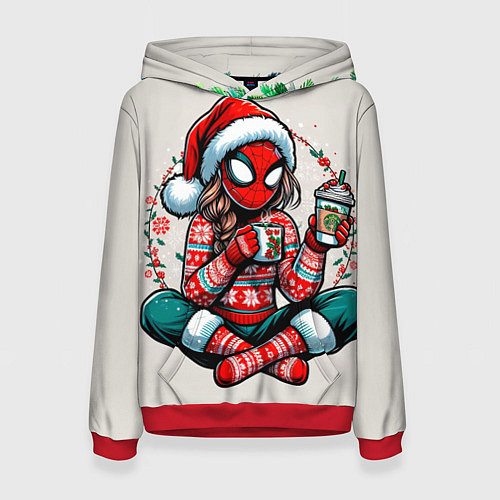 Женская толстовка Новогодняя женщина-паук с горячим шоколадом / 3D-Красный – фото 1