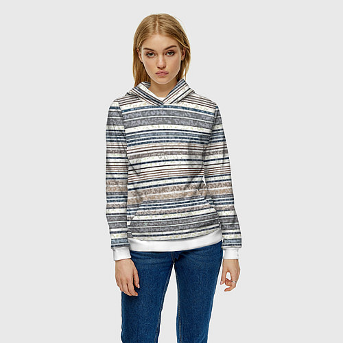 Женская толстовка Светлый бежевый с синим текстурированные полосы / 3D-Белый – фото 3