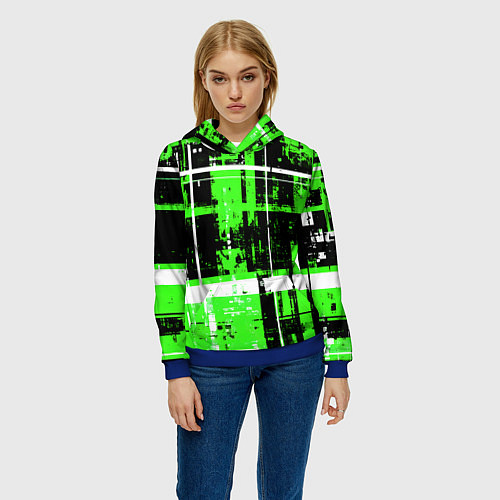 Женская толстовка Зелёно-белый гранж на чёрном фоне / 3D-Синий – фото 3