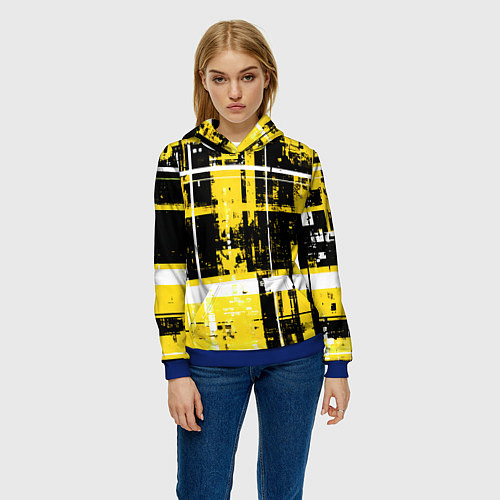 Женская толстовка Жёлто-белый гранж на чёрном фоне / 3D-Синий – фото 3