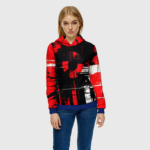 Женская толстовка Красно-белый гранж на чёрном фоне / 3D-Синий – фото 3