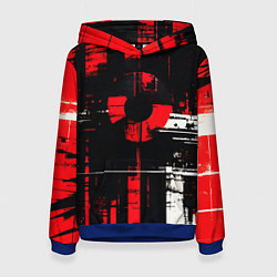 Толстовка-худи женская Красно-белый гранж на чёрном фоне, цвет: 3D-синий