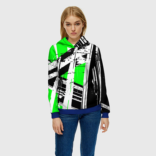 Женская толстовка Чёрно-белые абстрактные линии на зелёном фоне / 3D-Синий – фото 3
