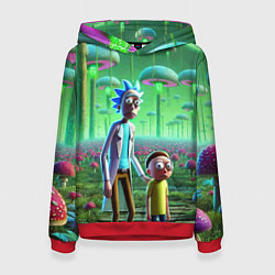 Толстовка-худи женская Рик и Морти в фантастическом неоновом грибном лесу, цвет: 3D-красный