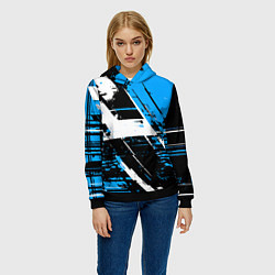 Толстовка-худи женская Diagonal black and white stripes on a blue backgro, цвет: 3D-черный — фото 2