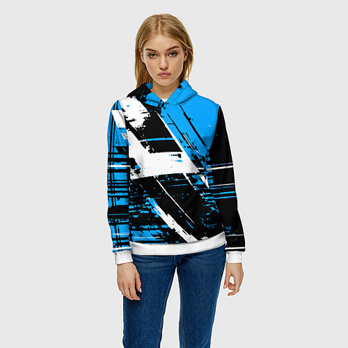 Женская толстовка Diagonal black and white stripes on a blue backgro / 3D-Белый – фото 3