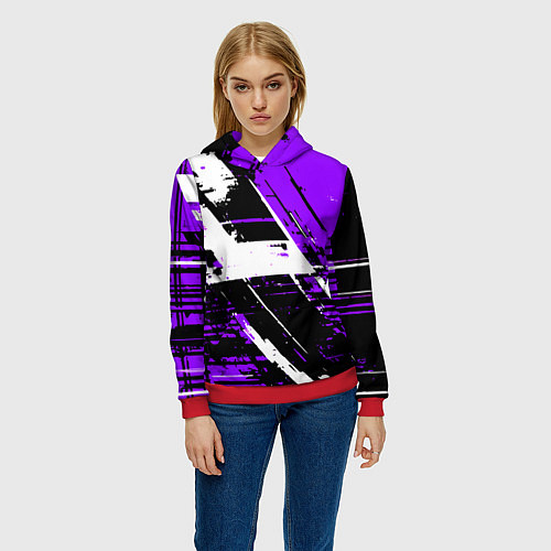 Женская толстовка Diagonal black and white stripes on a purple backg / 3D-Красный – фото 3