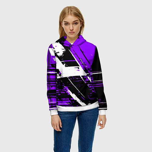 Женская толстовка Diagonal black and white stripes on a purple backg / 3D-Белый – фото 3