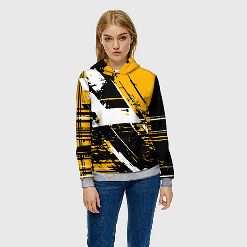 Женская толстовка Diagonal black and white stripes on a yellow backg / 3D-Меланж – фото 3