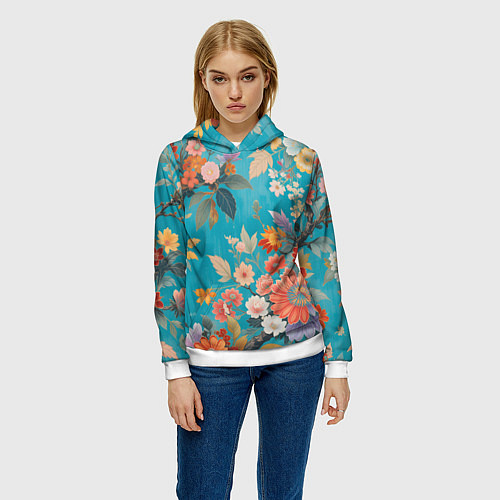 Женская толстовка Цветочки на голубом фоне / 3D-Белый – фото 3