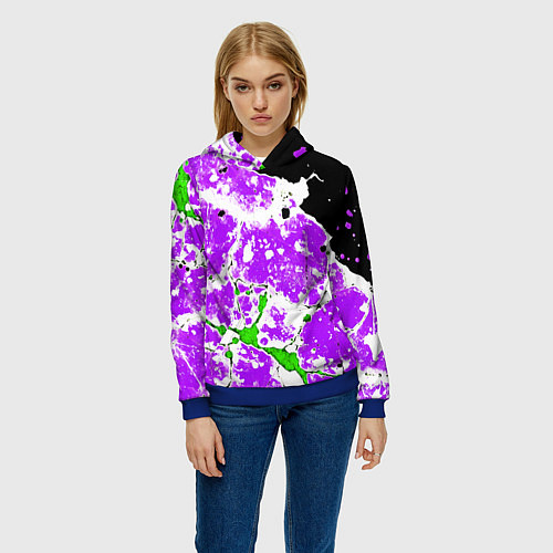Женская толстовка Зелёно-фиолетовая абстракция на чёрном фоне / 3D-Синий – фото 3