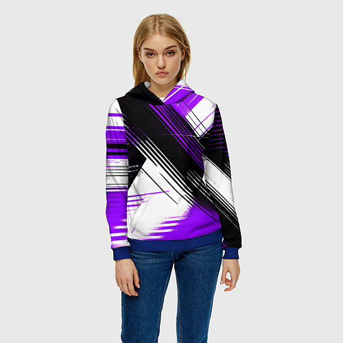 Женская толстовка Диагональные фиолетово-чёрные линии на белом фоне / 3D-Синий – фото 3