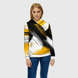Толстовка-худи женская Диагональные жёлто-чёрные линии на белом фоне, цвет: 3D-белый — фото 2
