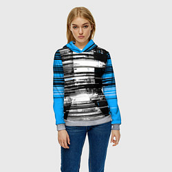 Толстовка-худи женская Горизонтальные чёрные линии на бело-синем фоне, цвет: 3D-меланж — фото 2