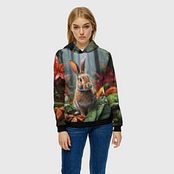Толстовка-худи женская Кролик в дождливом лесу, цвет: 3D-черный — фото 2