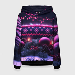 Толстовка-худи женская Новый год в фиолетовом свете, цвет: 3D-черный