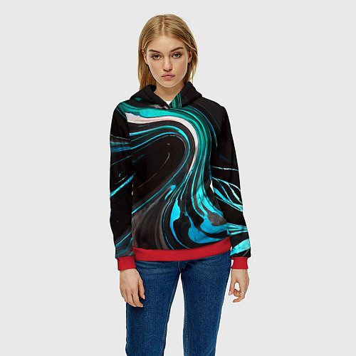Женская толстовка Волнистые бело-голубые линии на чёрном фоне / 3D-Красный – фото 3