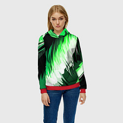 Толстовка-худи женская Зелёно-белая абстракция на чёрном фоне, цвет: 3D-красный — фото 2