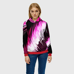 Толстовка-худи женская Бело-розовые острые полосы на чёрном фоне, цвет: 3D-красный — фото 2