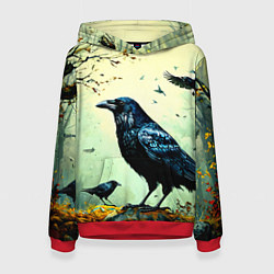 Толстовка-худи женская Черный ворон в осеннем лесу, цвет: 3D-красный