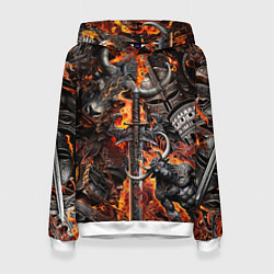 Толстовка-худи женская Гладиатор и минотавр на фоне огня мечей и щитов, цвет: 3D-белый