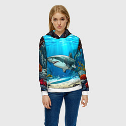 Толстовка-худи женская Акула в океане, цвет: 3D-белый — фото 2