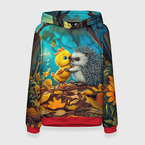Женская толстовка Милые ежик с цыпленком в осеннем лесу / 3D-Красный – фото 1