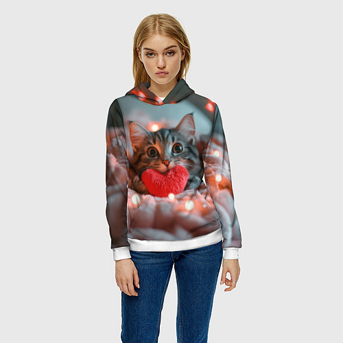 Женская толстовка Котик с сердечком / 3D-Белый – фото 3
