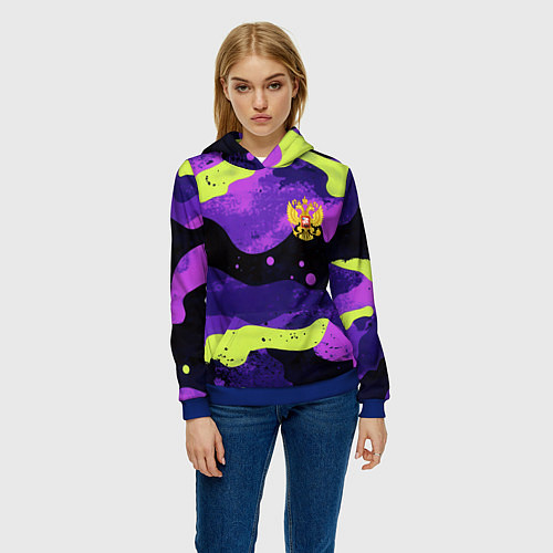 Женская толстовка Черно-фиолетовый камуфляж и золотой герб РФ / 3D-Синий – фото 3