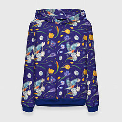 Толстовка-худи женская Зяблик и крокусы, цвет: 3D-синий