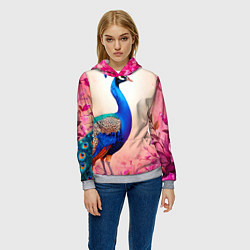 Толстовка-худи женская Павлин на розовом, цвет: 3D-меланж — фото 2