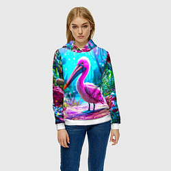 Толстовка-худи женская Пеликан в сказачном лесу, цвет: 3D-белый — фото 2