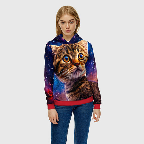 Женская толстовка Шотландская прямоухая кошка в космосе / 3D-Красный – фото 3