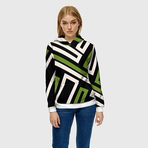 Женская толстовка Прямоугольники по диагонали-зеленый, черный / 3D-Белый – фото 3