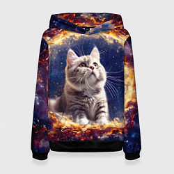Толстовка-худи женская Кошка шиншилла в космосе, цвет: 3D-черный
