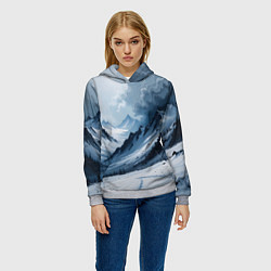 Толстовка-худи женская Зимний горный пейзаж маслом, цвет: 3D-меланж — фото 2
