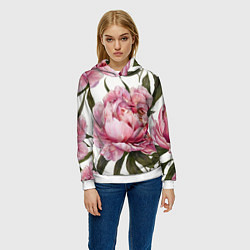 Толстовка-худи женская Розовые пионы на белом, цвет: 3D-белый — фото 2