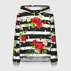 Толстовка-худи женская Красные розы на черных полосках, цвет: 3D-меланж